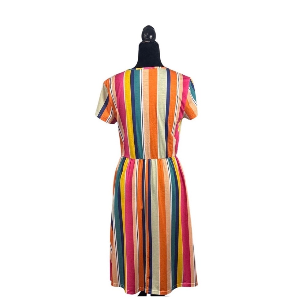 OUGES Striped Wrap Dress Womens Medium Multicolor Excellent Pockets V-Neck - Picture 2 of 10